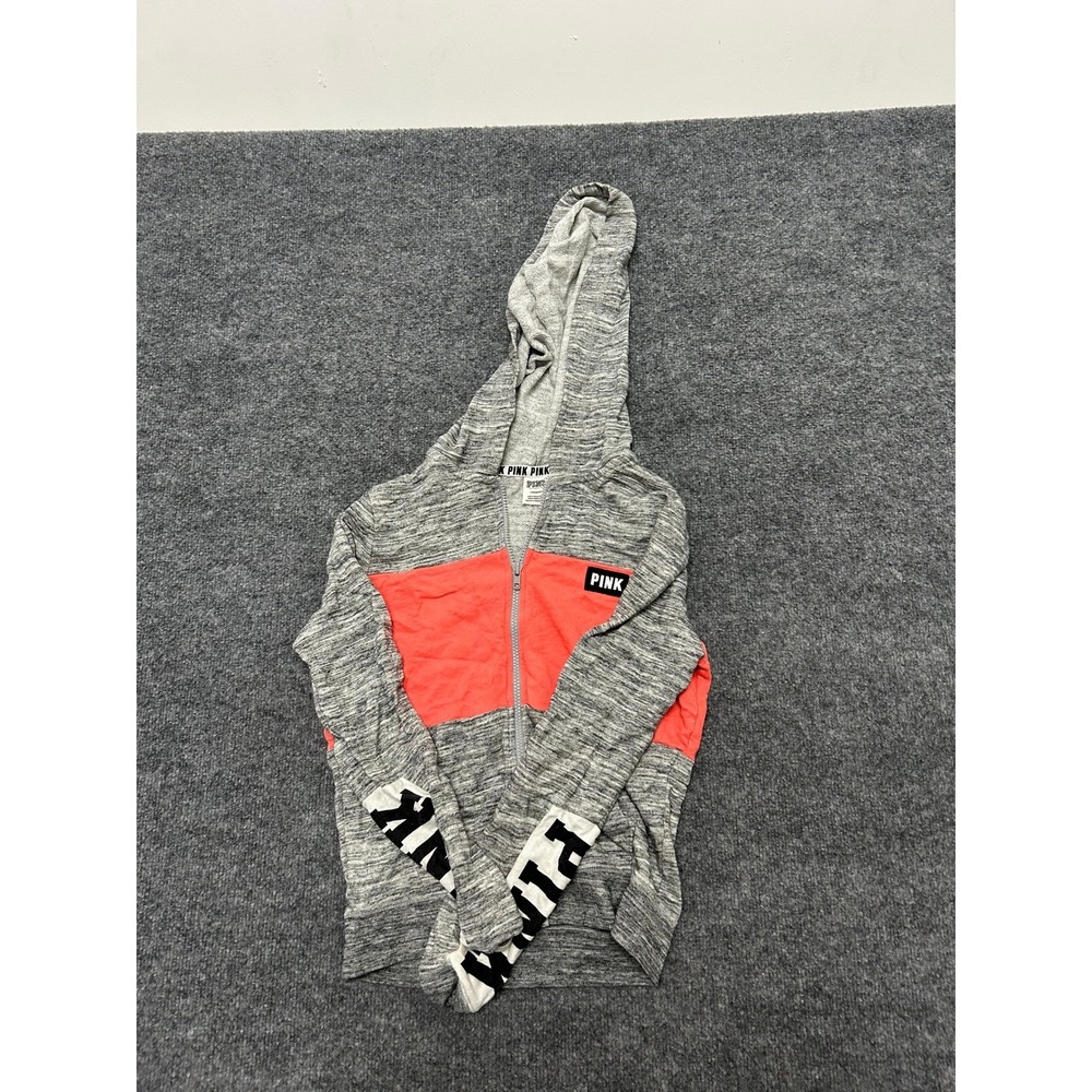 Pink Hoodie Womens Size S Gray Orange Colorblock Zip Up Logo Athletic Sweatshirt